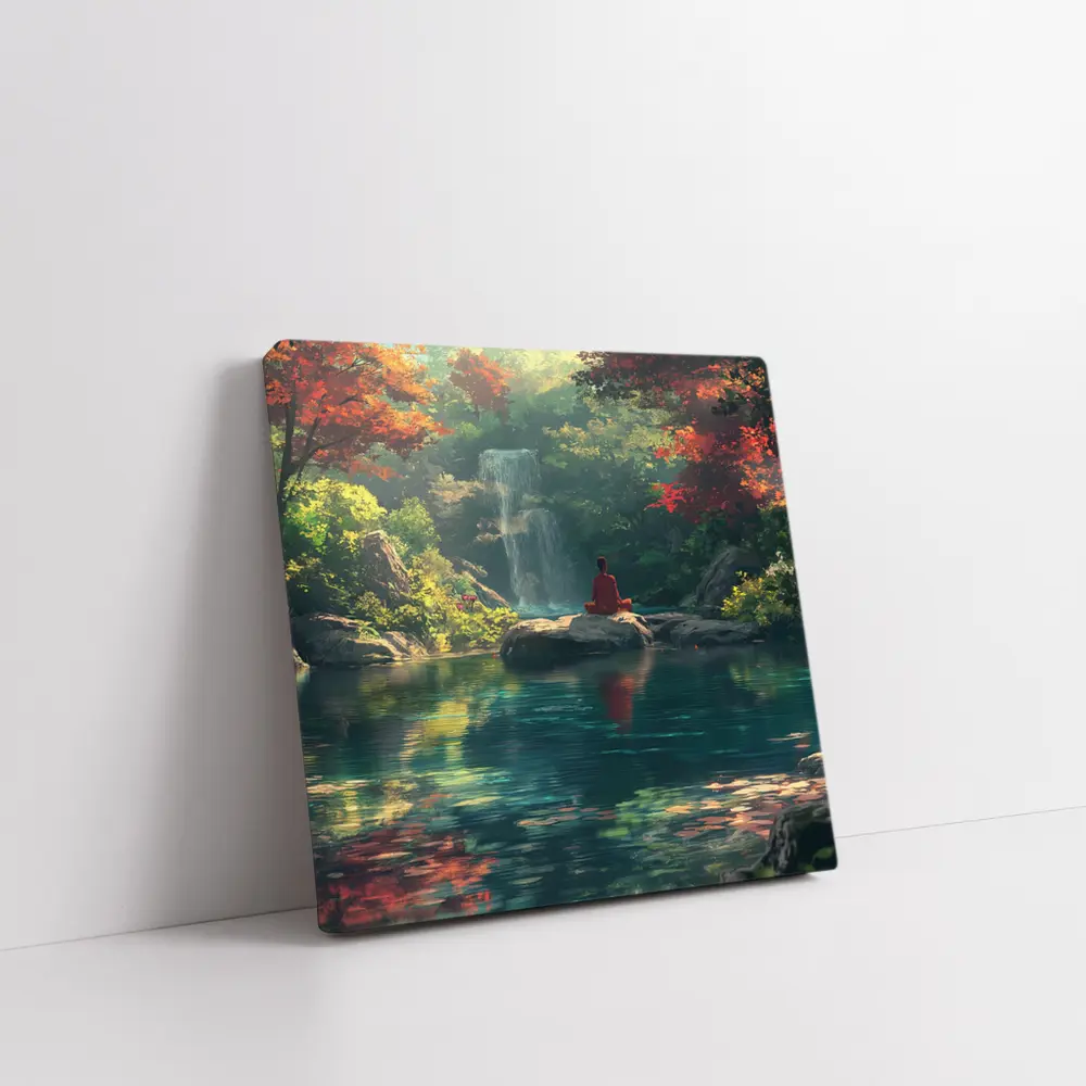 Meditation by Waterfall Autumn Forest Scene – Wall Art