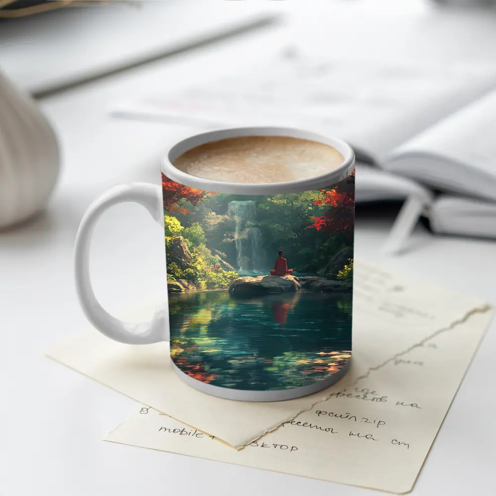 Meditation by Waterfall Autumn Forest Scene – Mugs