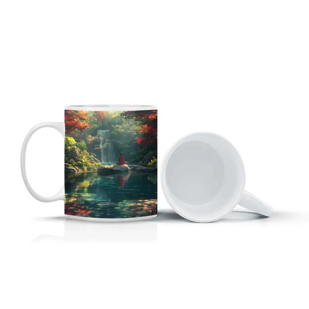 Meditation by Waterfall Autumn Forest Scene – Mugs