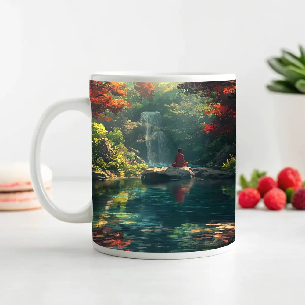 Meditation by Waterfall Autumn Forest Scene – Mugs