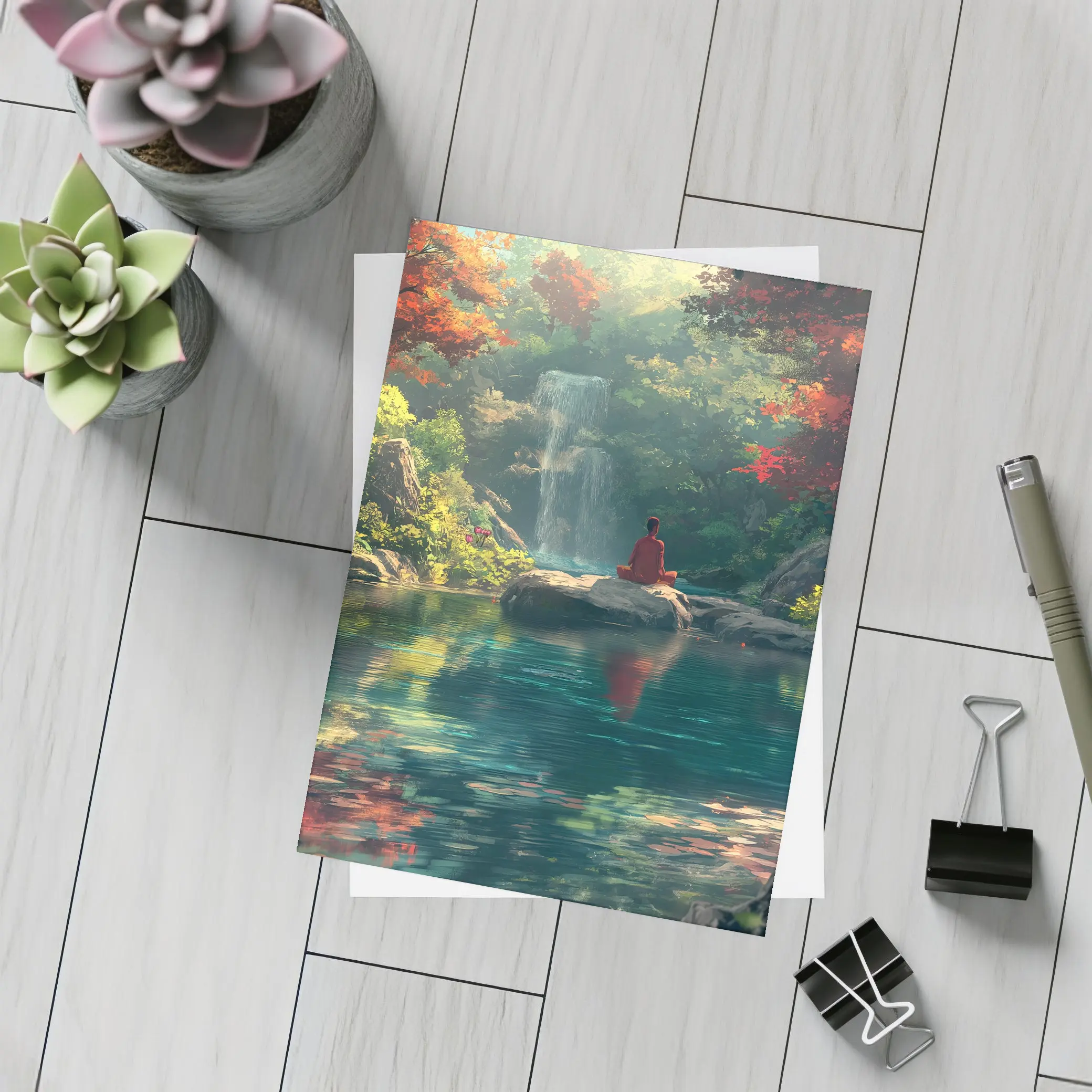 Meditation by Waterfall Autumn Forest Scene – Postcards