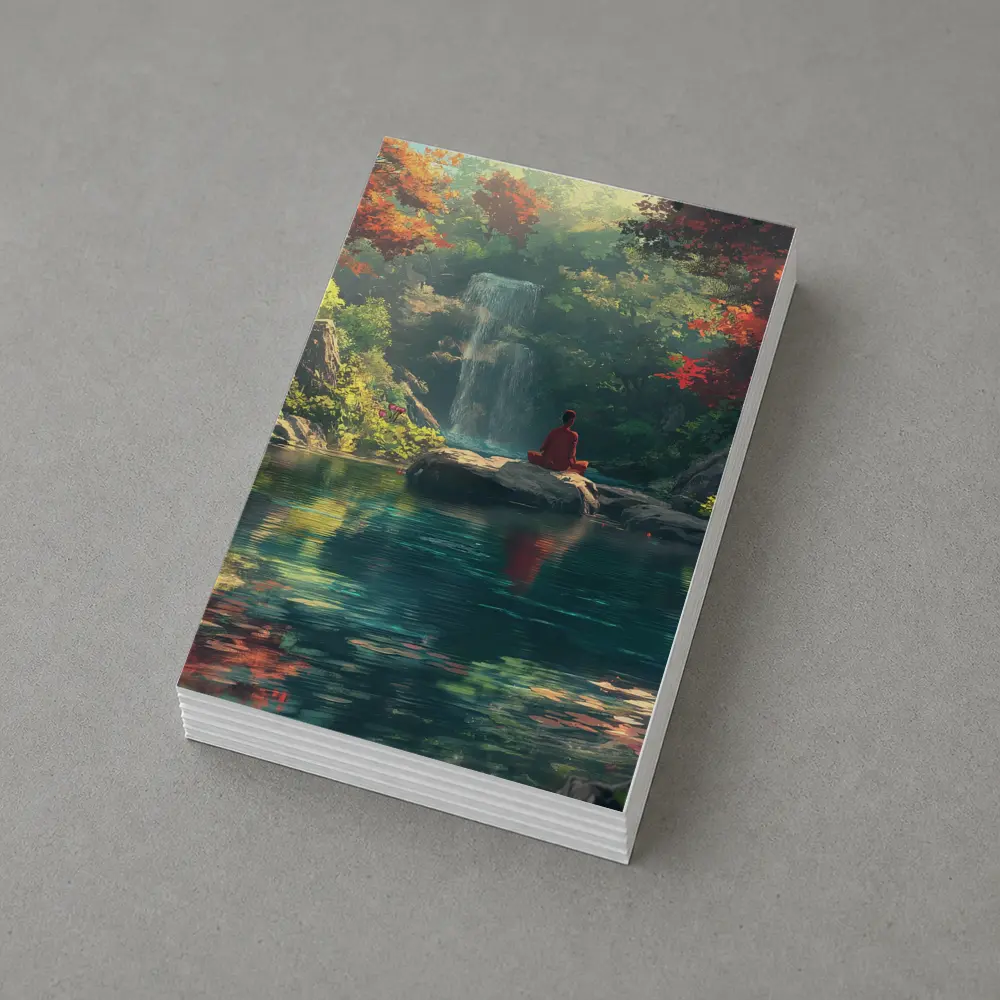Meditation by Waterfall Autumn Forest Scene – Postcards