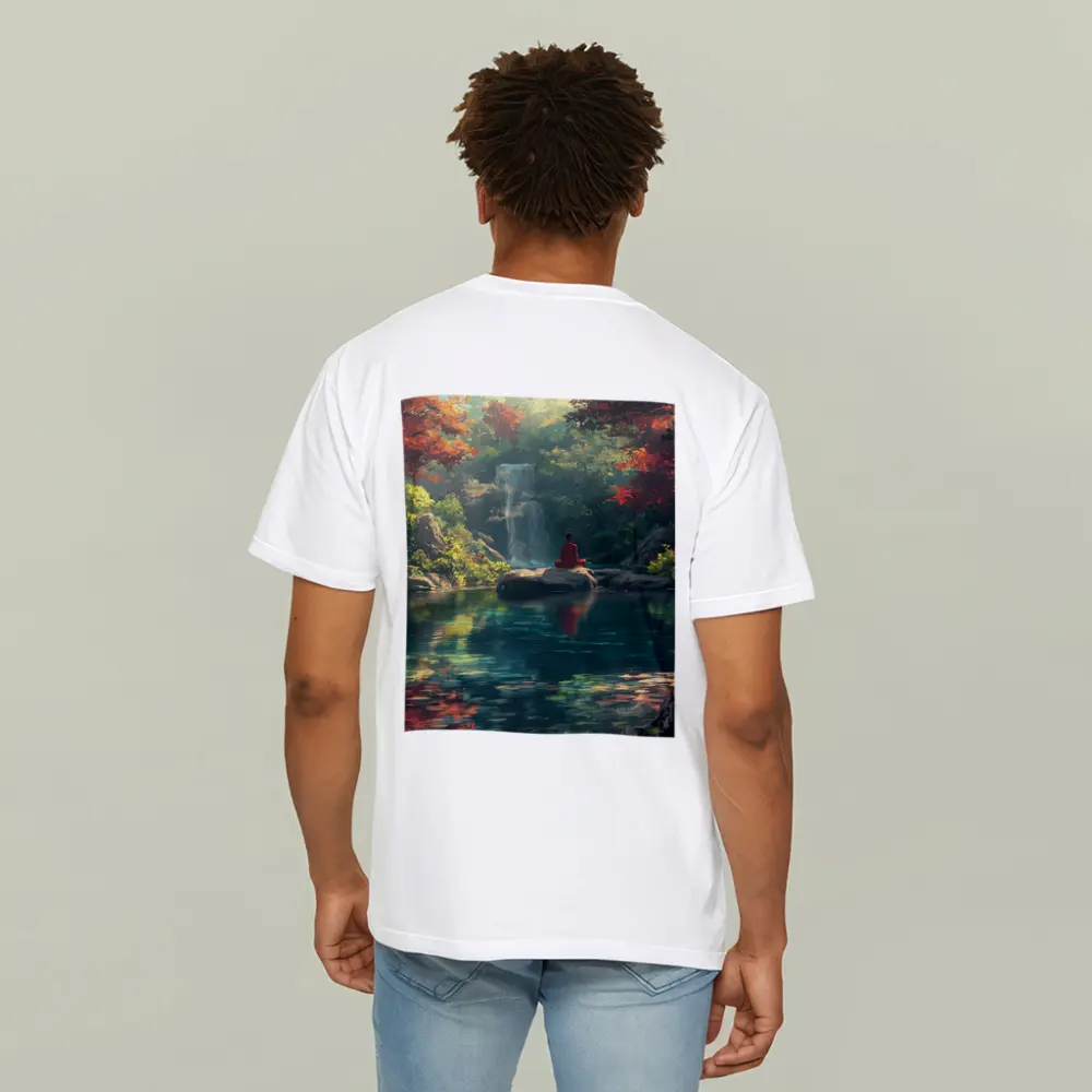 Meditation by Waterfall Autumn Forest Scene – T-Shirts