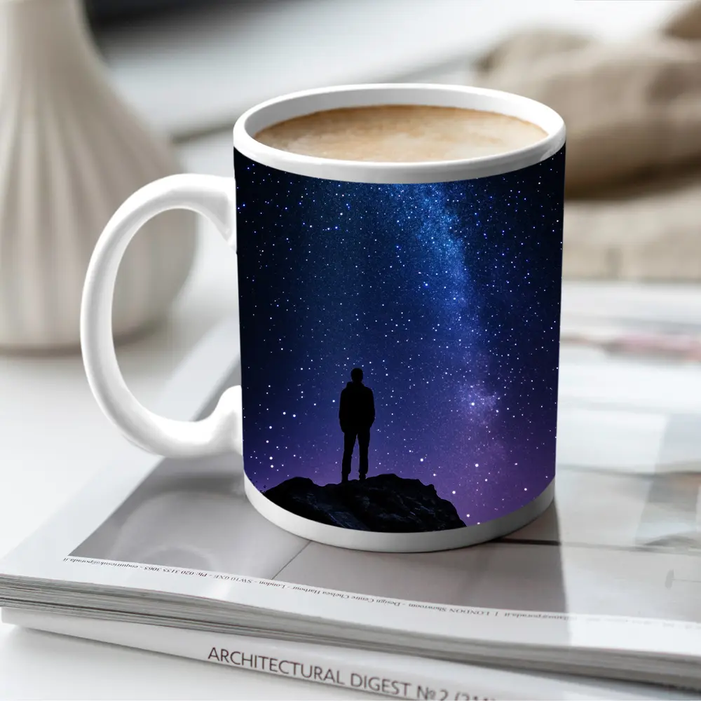 Man Silhouette Standing Under Milky Way Night – Mugs
