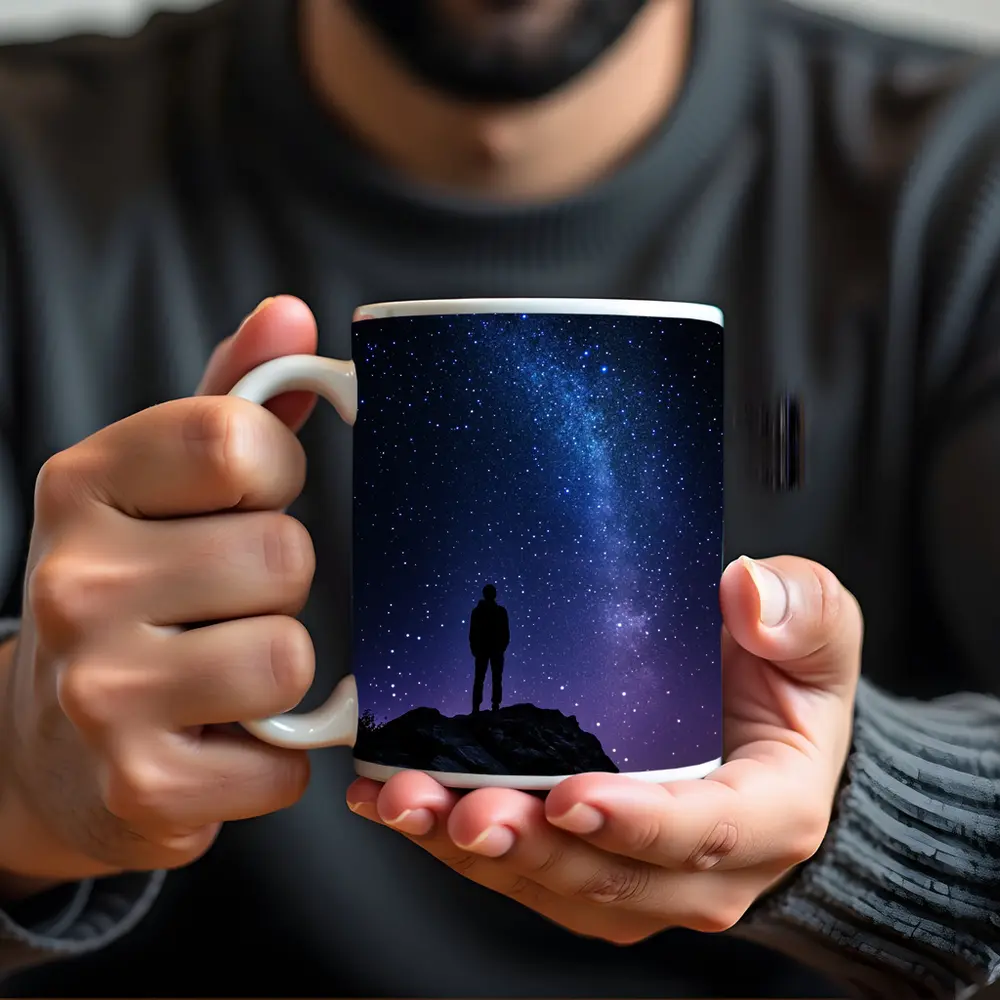Man Silhouette Standing Under Milky Way Night – Mugs