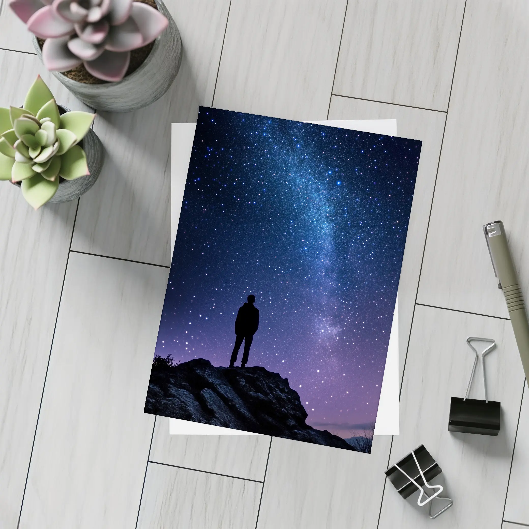 Man Silhouette Standing Under Milky Way Night – Postcards