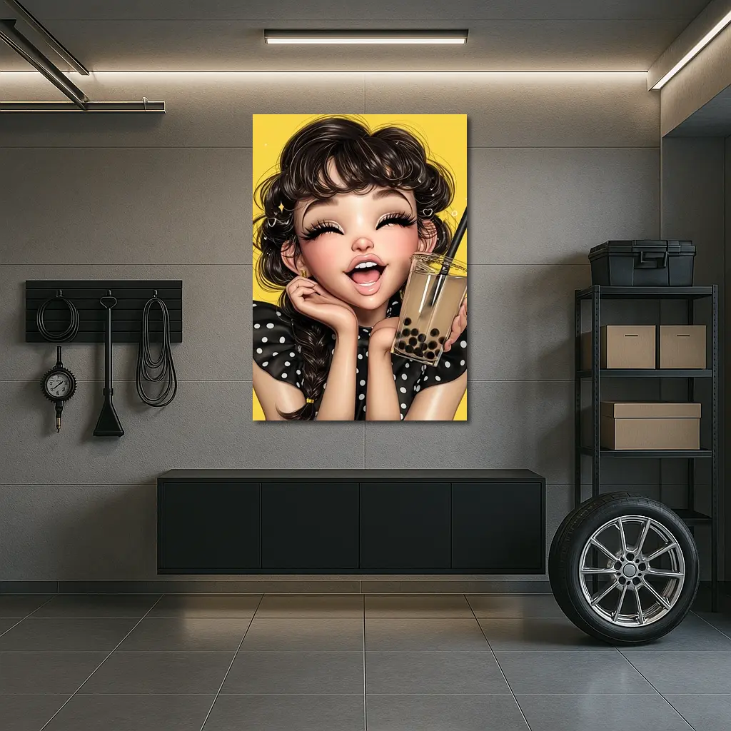 Anime Girl Boba Tea Yellow Background – Wall Art