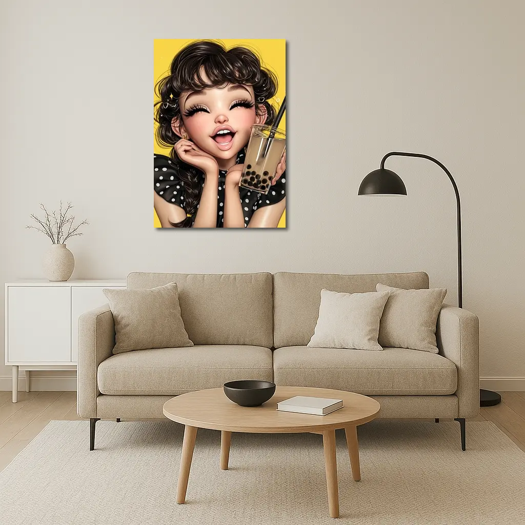 Anime Girl Boba Tea Yellow Background – Wall Art