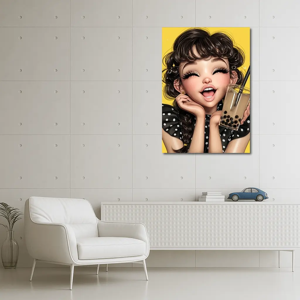 Anime Girl Boba Tea Yellow Background – Wall Art
