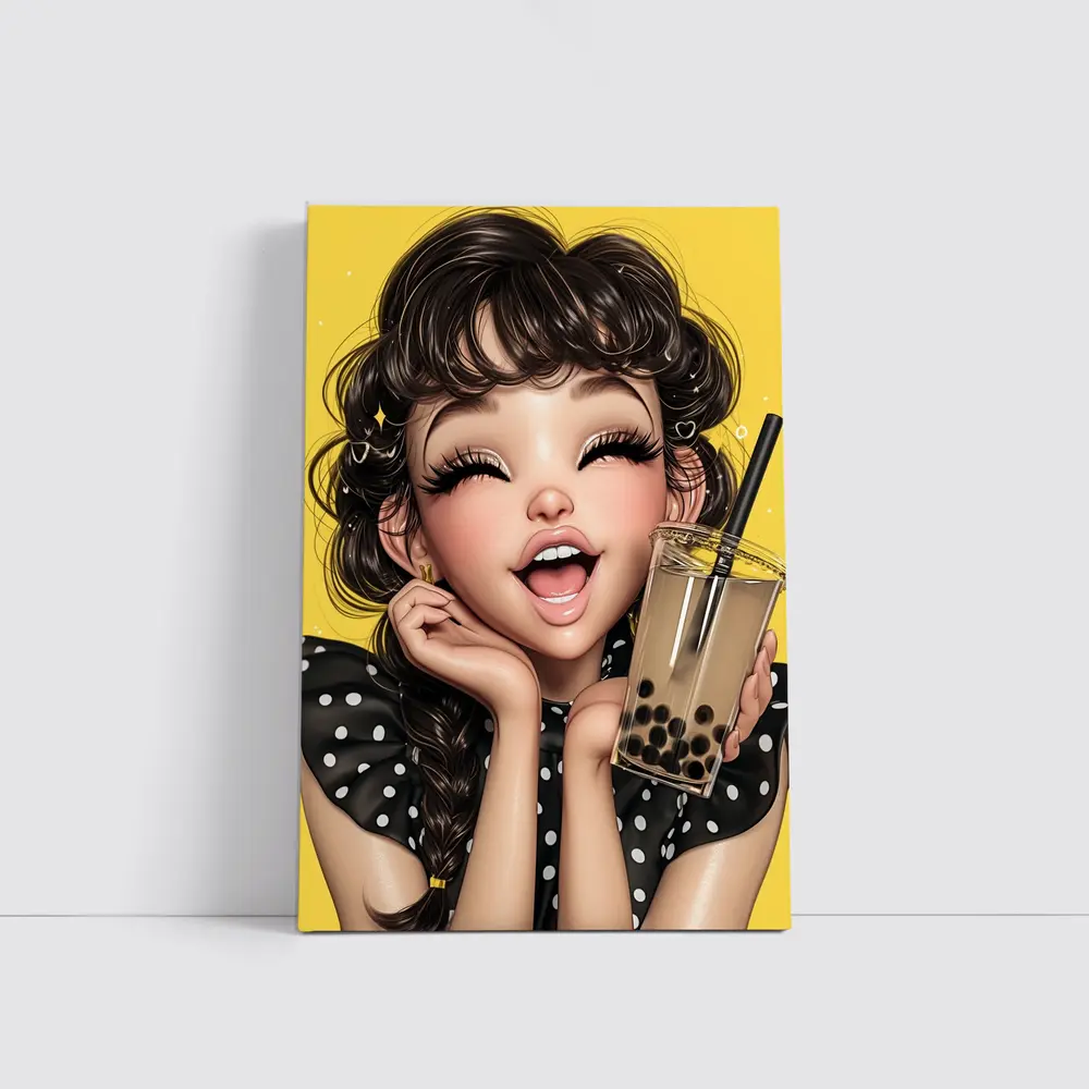 Anime Girl Boba Tea Yellow Background – Wall Art