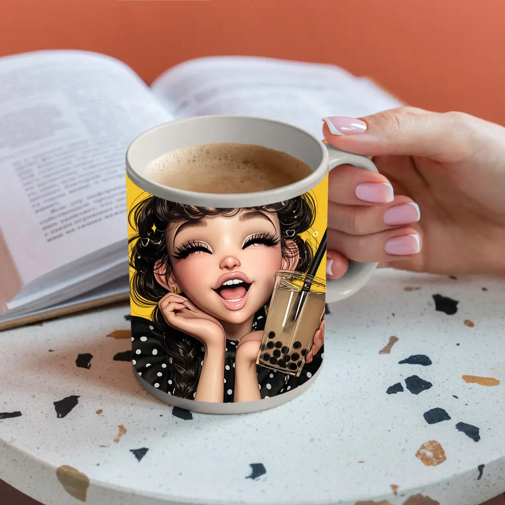 Anime Girl Boba Tea Yellow Background – Mugs