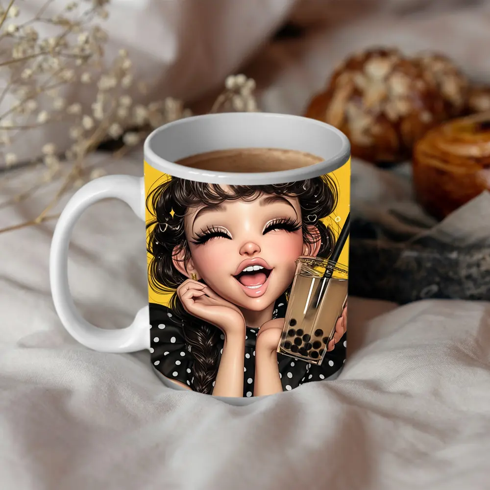 Anime Girl Boba Tea Yellow Background – Mugs