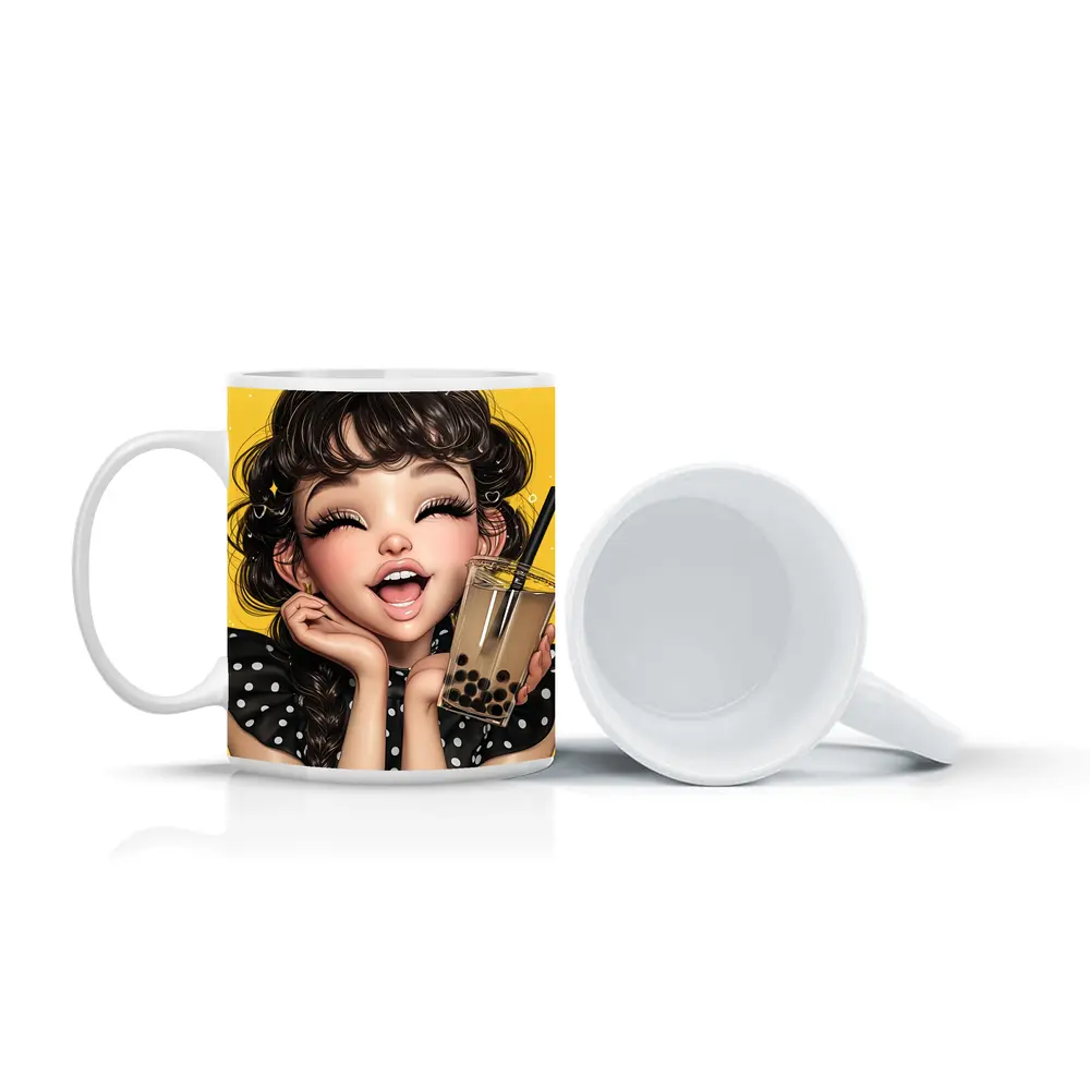 Anime Girl Boba Tea Yellow Background – Mugs