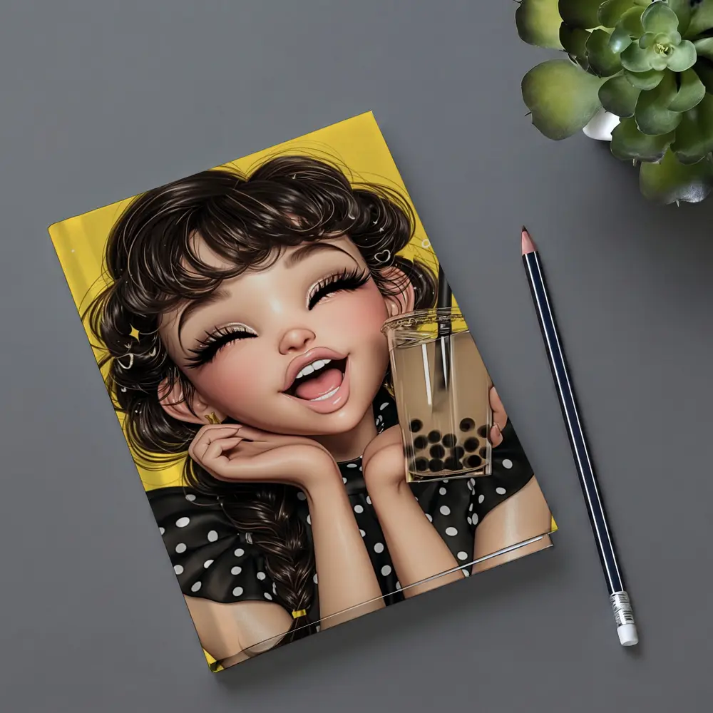 Anime Girl Boba Tea Yellow Background – Notebooks