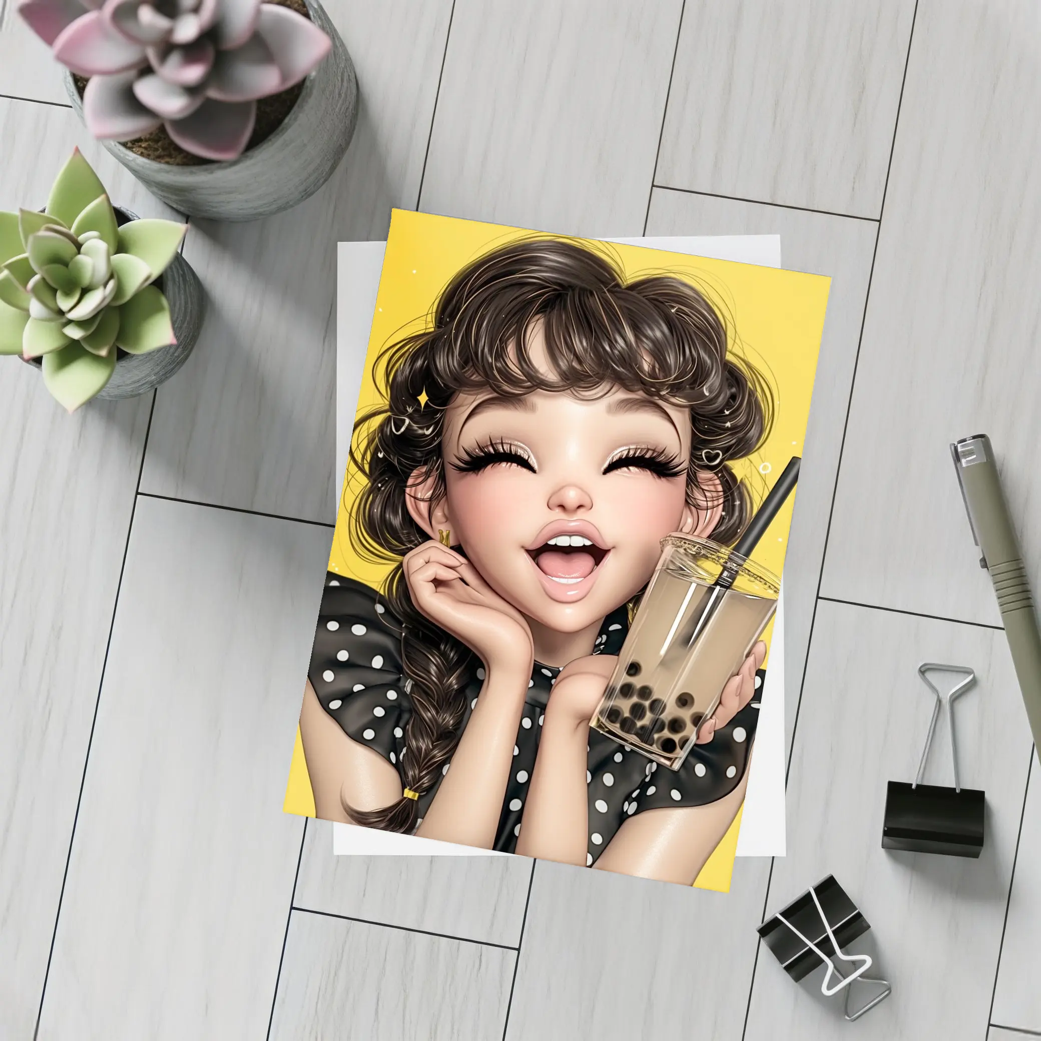 Anime Girl Boba Tea Yellow Background – Postcards