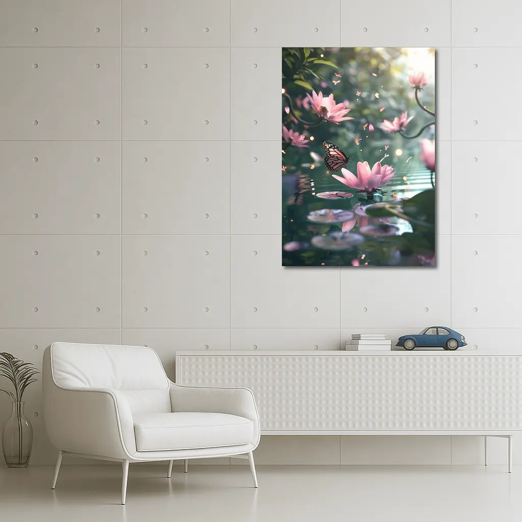 Monarch Butterfly Pink Lotus Flowers Water – Wall Art