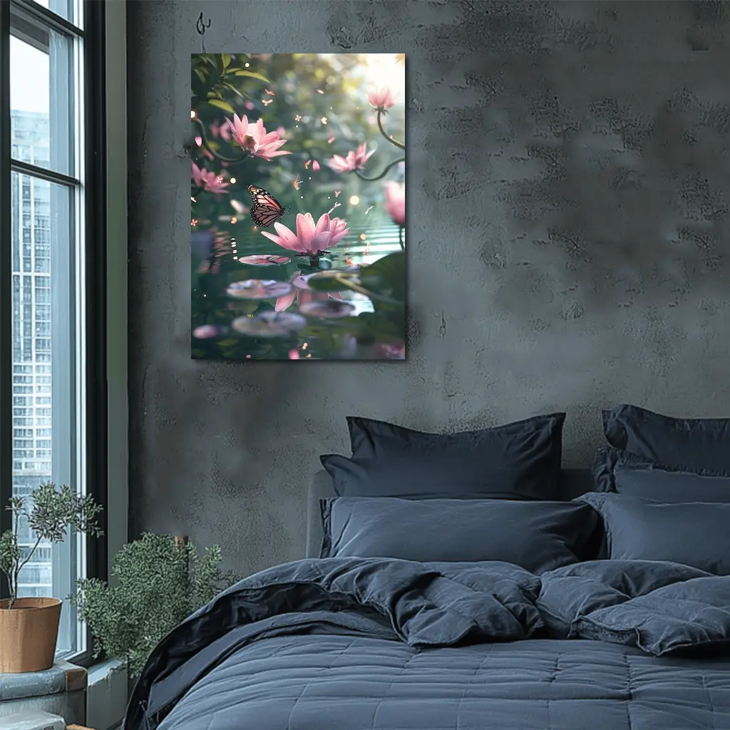 Monarch Butterfly Pink Lotus Flowers Water – Wall Art