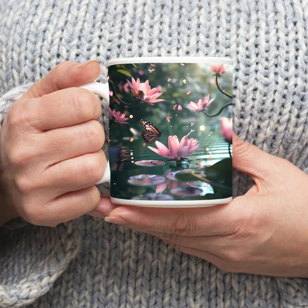Monarch Butterfly Pink Lotus Flowers Water – Mugs