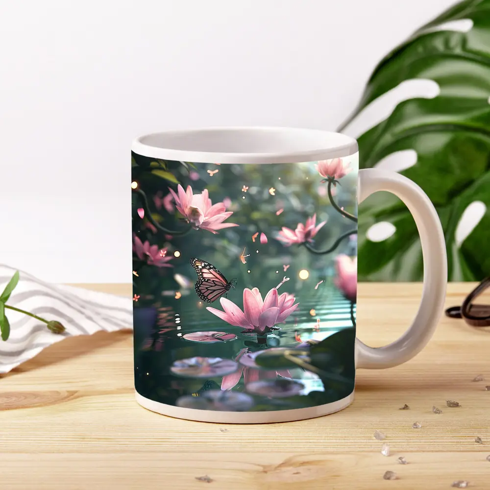 Monarch Butterfly Pink Lotus Flowers Water – Mugs