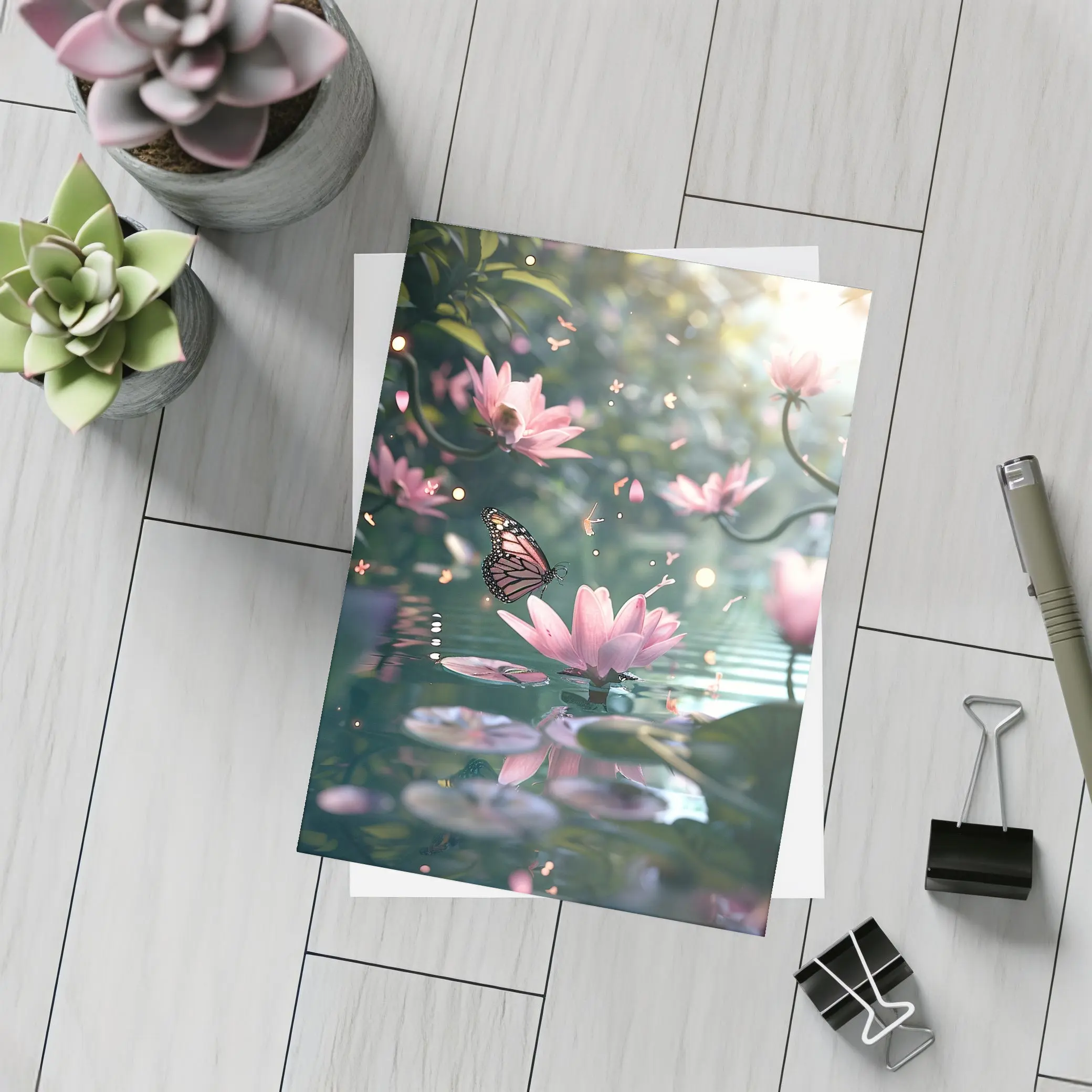 Monarch Butterfly Pink Lotus Flowers Water – Postcards