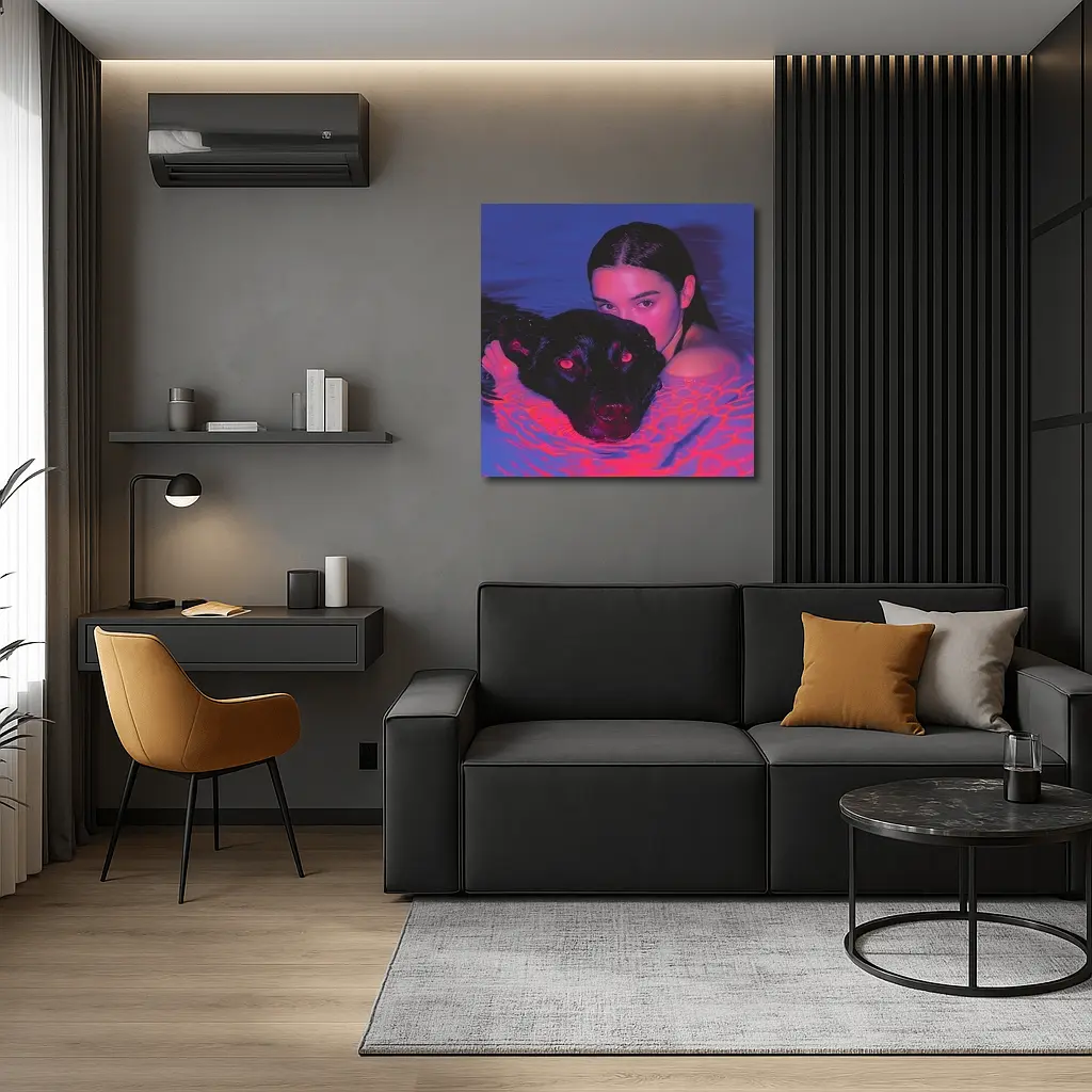 Woman and Black Dog in Neon Pool – Wall Art
