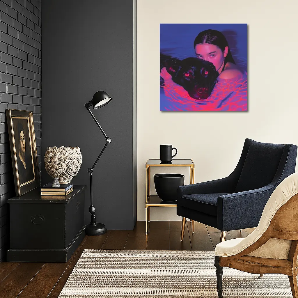 Woman and Black Dog in Neon Pool – Wall Art