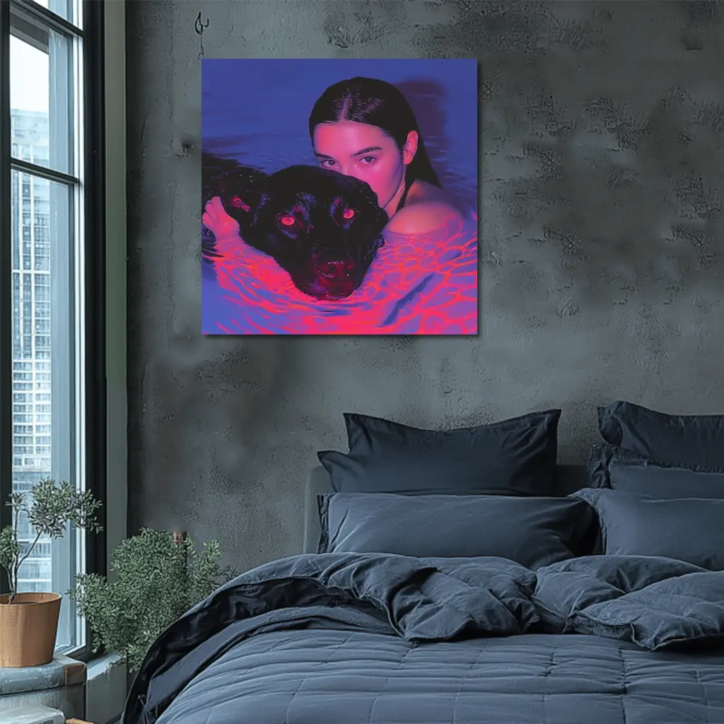Woman and Black Dog in Neon Pool – Wall Art
