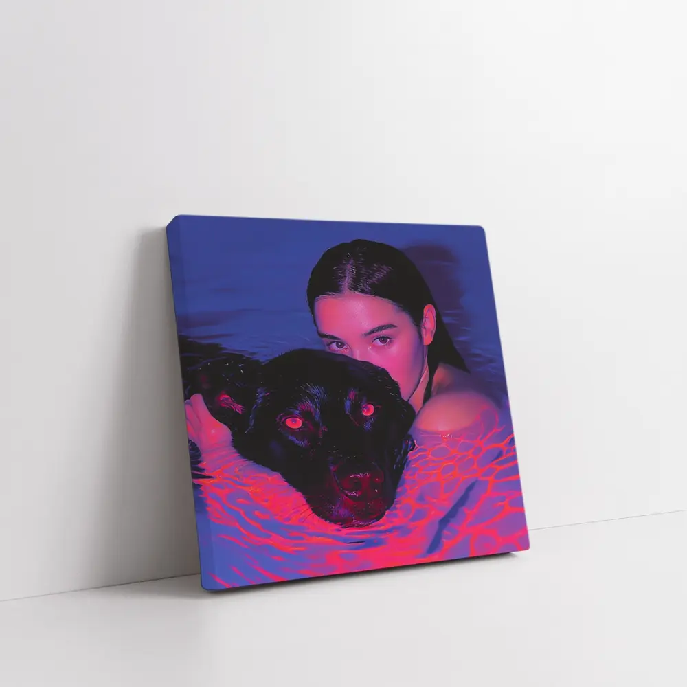 Woman and Black Dog in Neon Pool – Wall Art