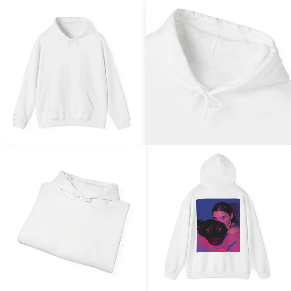 Woman and Black Dog in Neon Pool – Hoodies