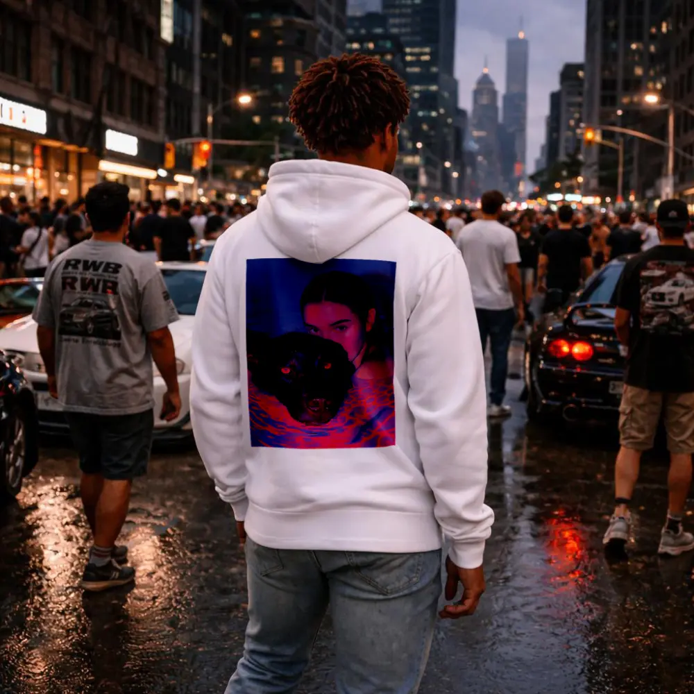 Woman and Black Dog in Neon Pool – Hoodies