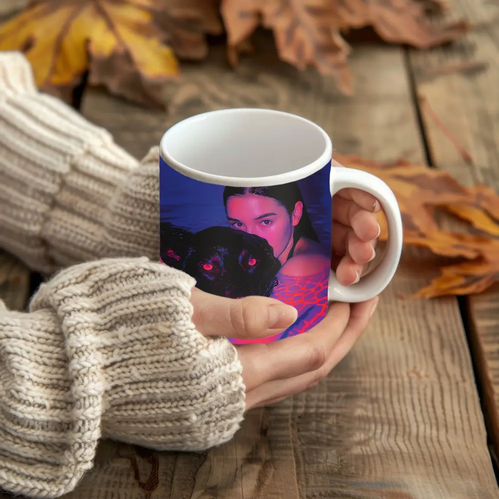 Woman and Black Dog in Neon Pool – Mugs