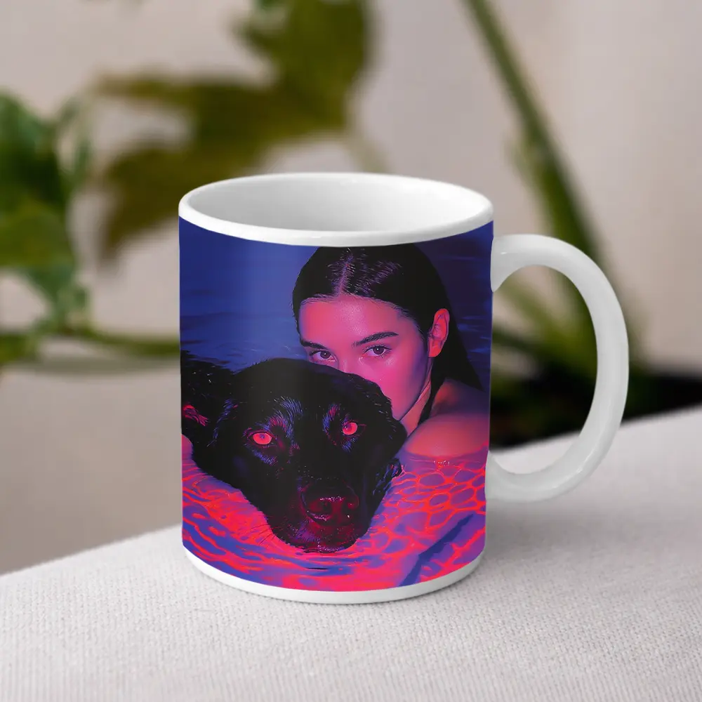 Woman and Black Dog in Neon Pool – Mugs