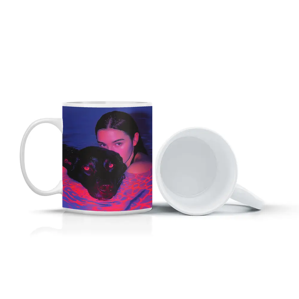 Woman and Black Dog in Neon Pool – Mugs