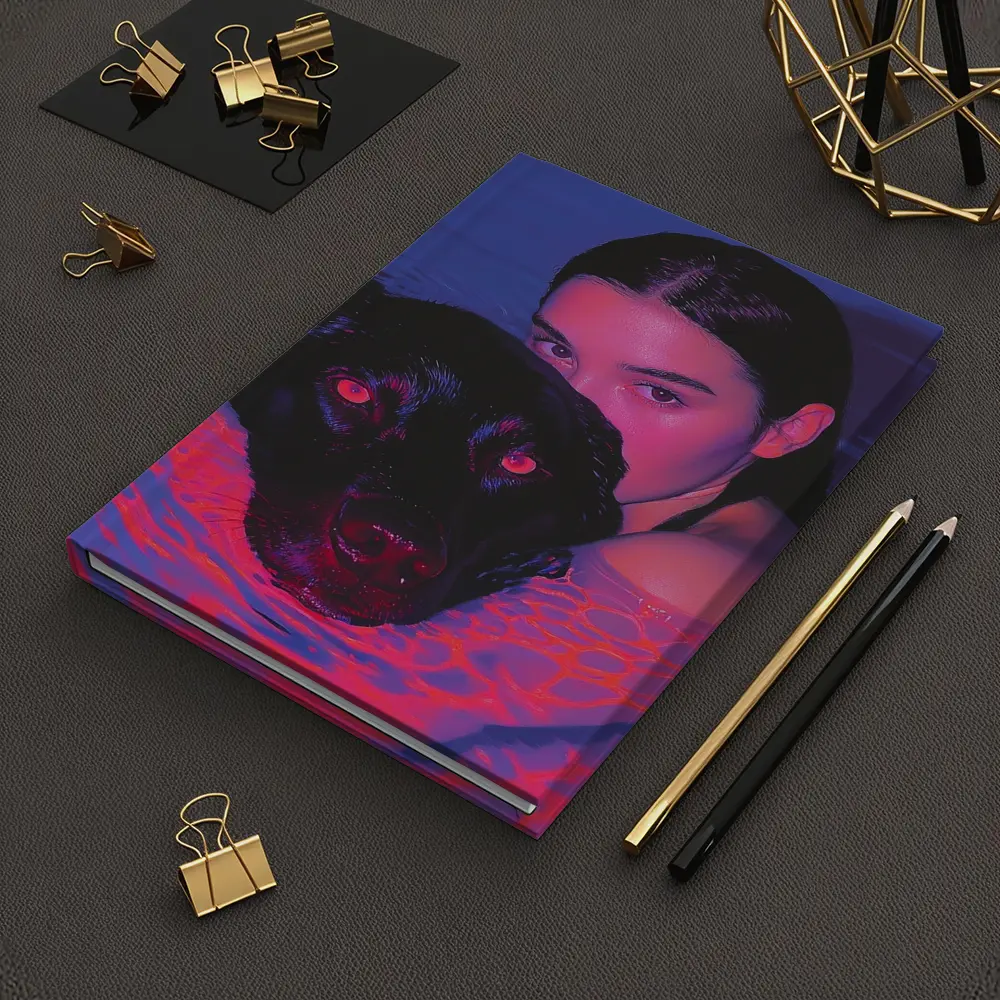 Woman and Black Dog in Neon Pool – Notebooks