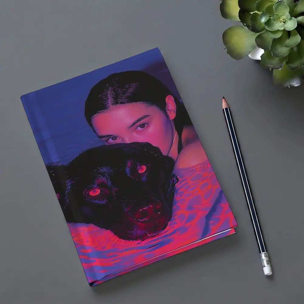 Woman and Black Dog in Neon Pool – Notebooks
