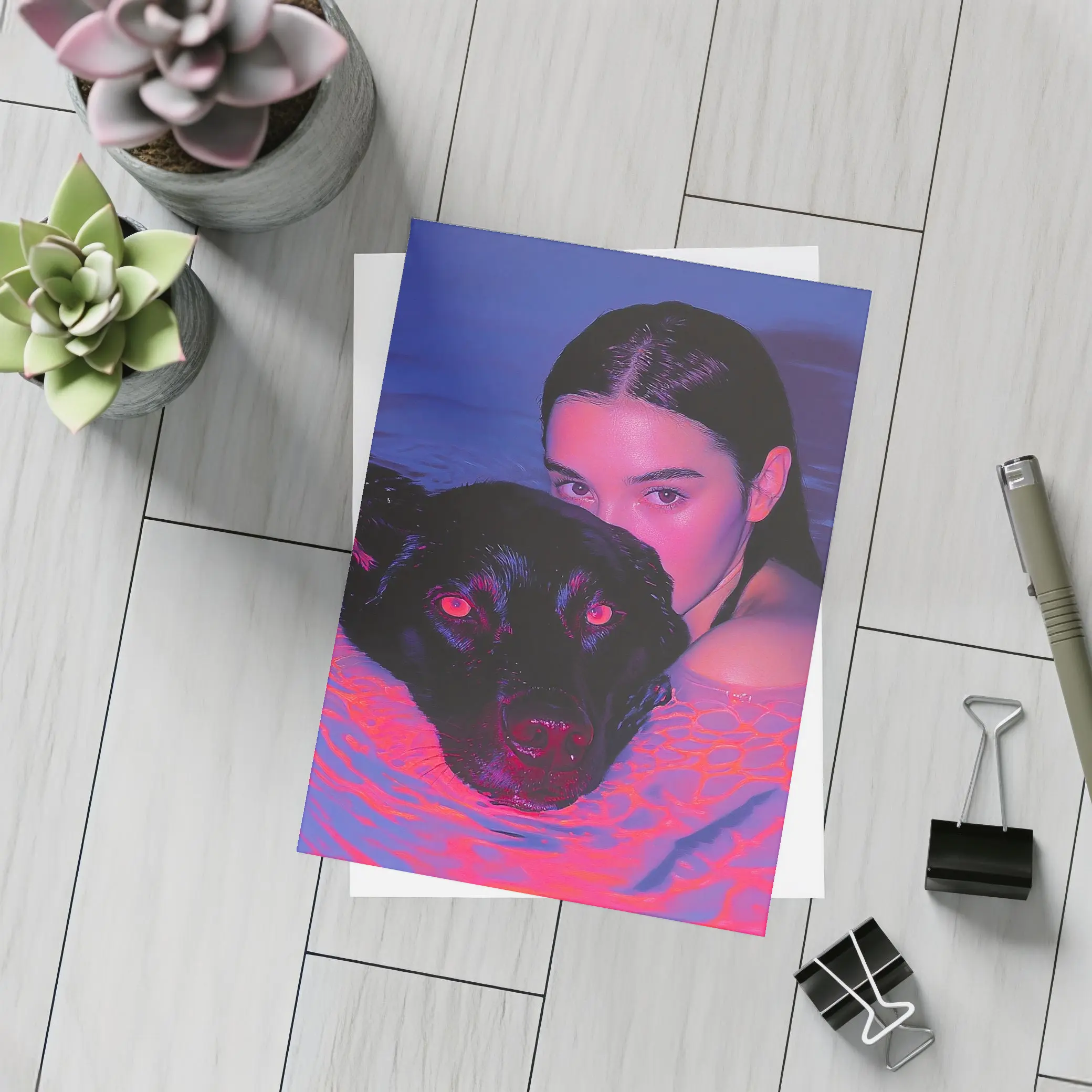 Woman and Black Dog in Neon Pool – Postcards