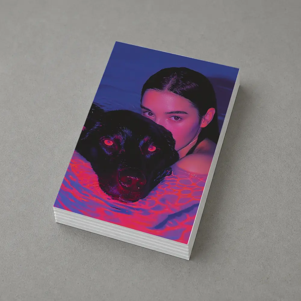 Woman and Black Dog in Neon Pool – Postcards