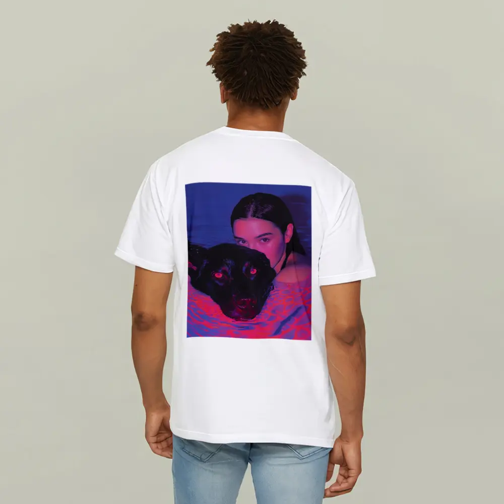 Woman and Black Dog in Neon Pool – T-Shirts