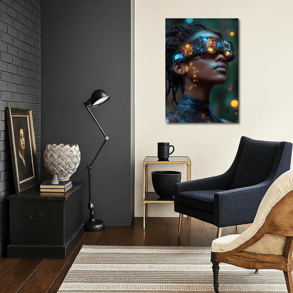 Cyberpunk Woman Neon VR Glasses Forest – Wall Art