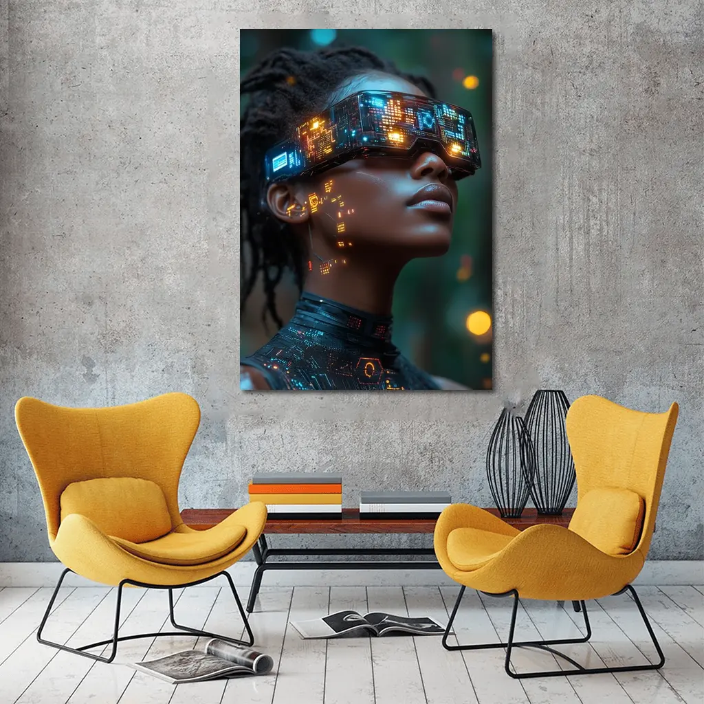 Cyberpunk Woman Neon VR Glasses Forest – Wall Art