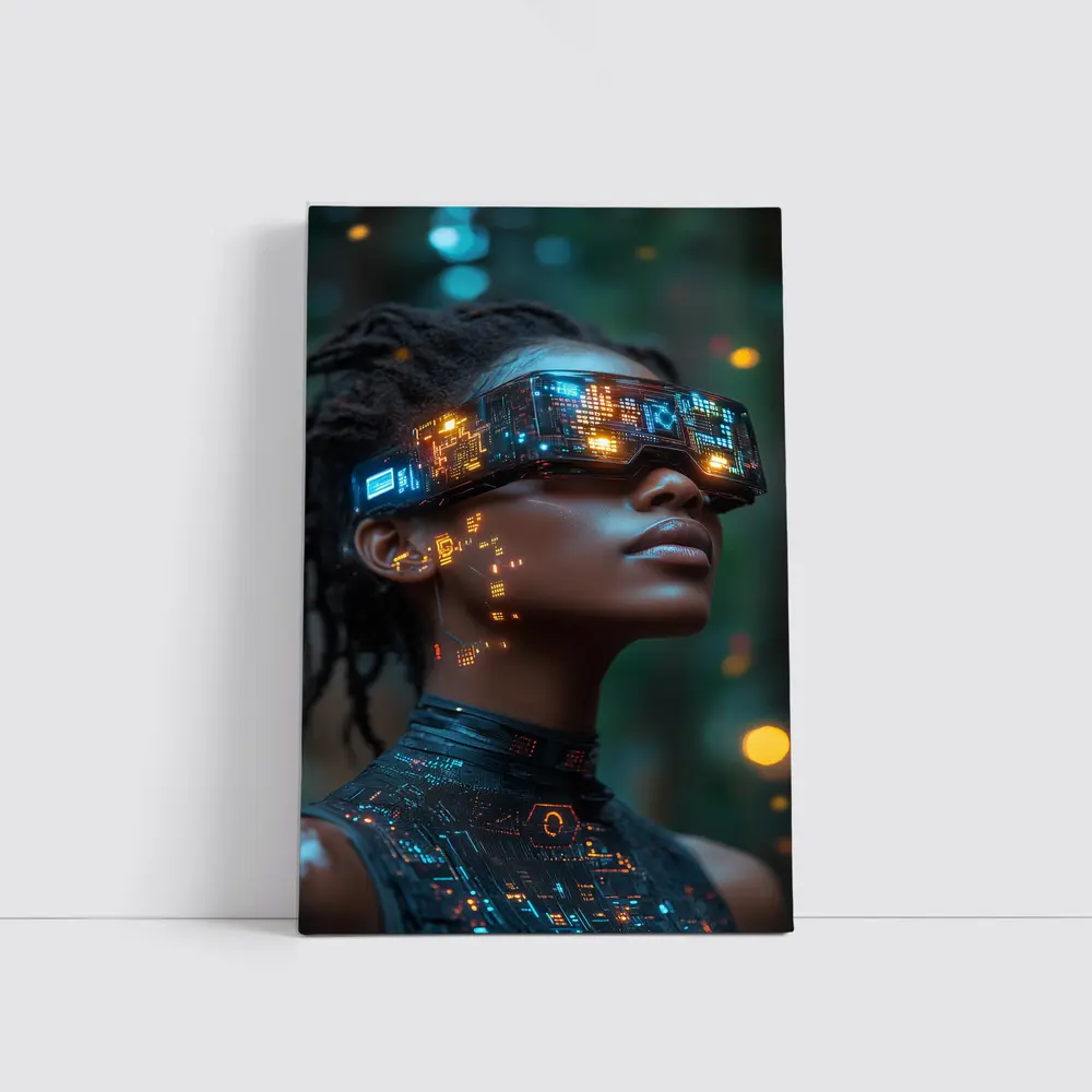 Cyberpunk Woman Neon VR Glasses Forest – Wall Art