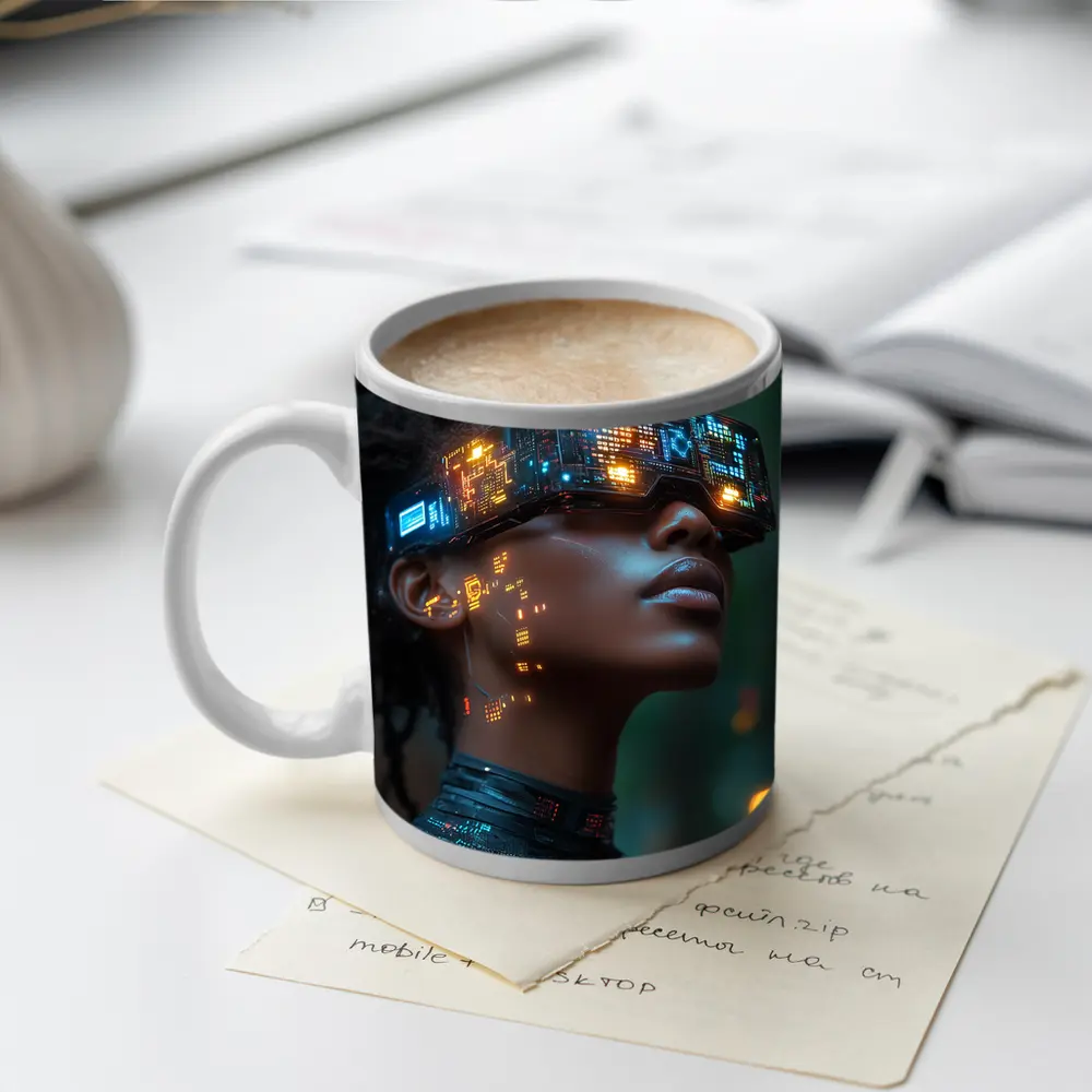 Cyberpunk Woman Neon VR Glasses Forest – Mugs