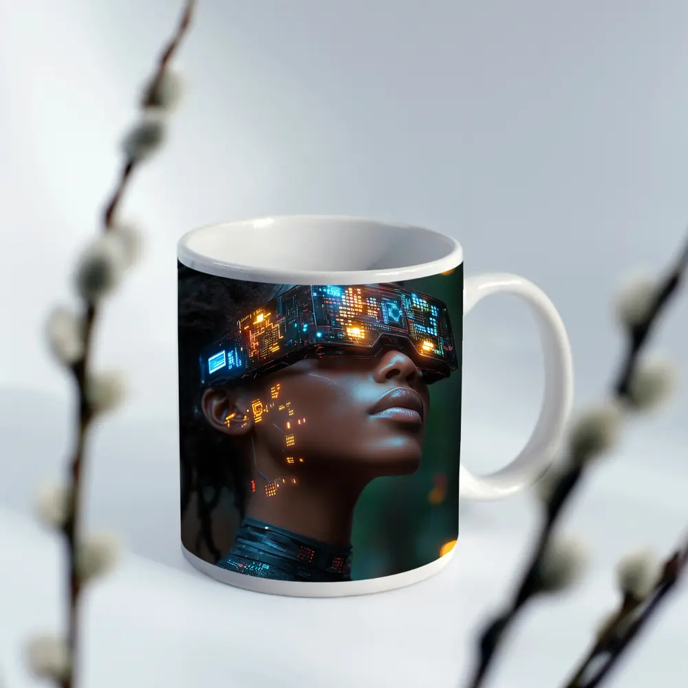 Cyberpunk Woman Neon VR Glasses Forest – Mugs
