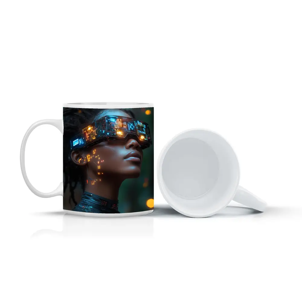 Cyberpunk Woman Neon VR Glasses Forest – Mugs