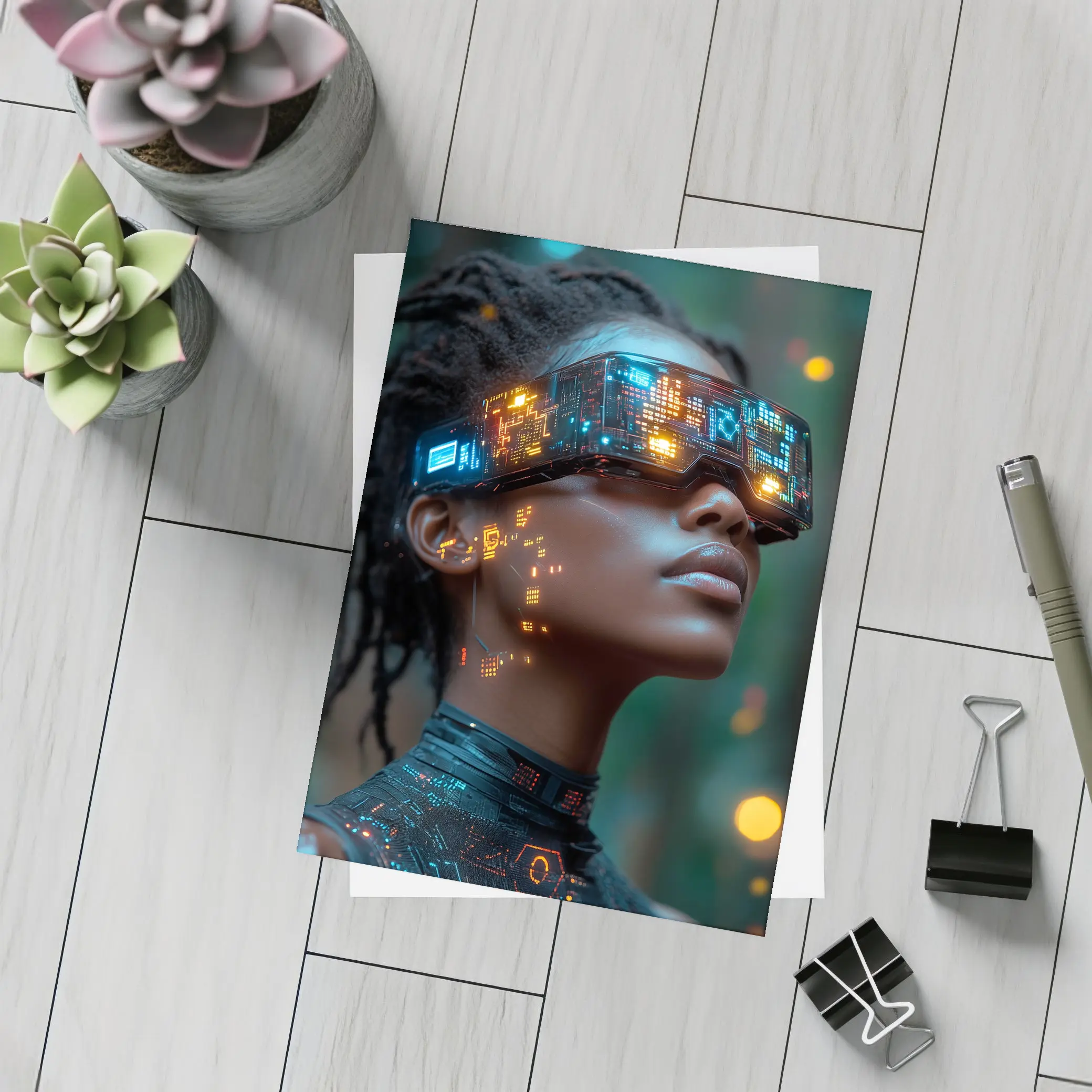 Cyberpunk Woman Neon VR Glasses Forest – Postcards
