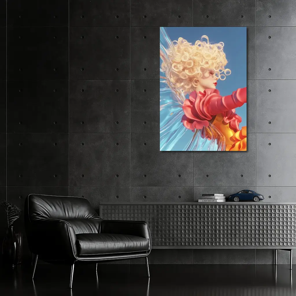 Curly Blonde Woman Red Dress Blue Sky – Wall Art