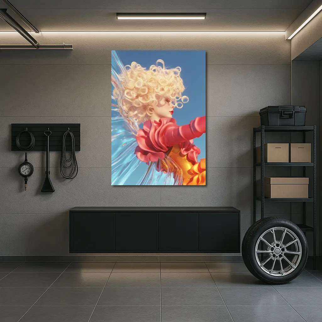 Curly Blonde Woman Red Dress Blue Sky – Wall Art