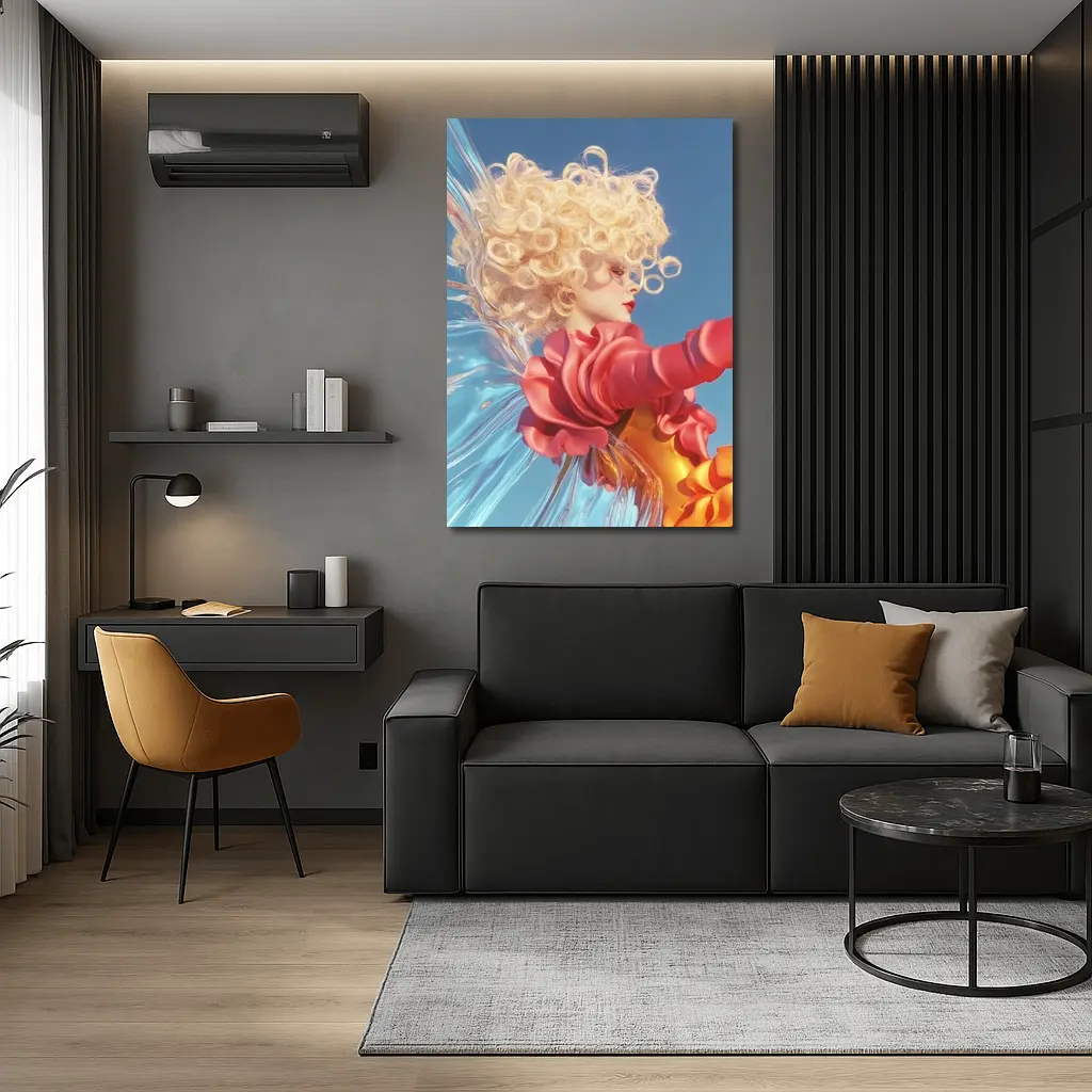 Curly Blonde Woman Red Dress Blue Sky – Wall Art