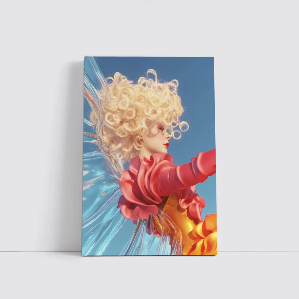 Curly Blonde Woman Red Dress Blue Sky – Wall Art