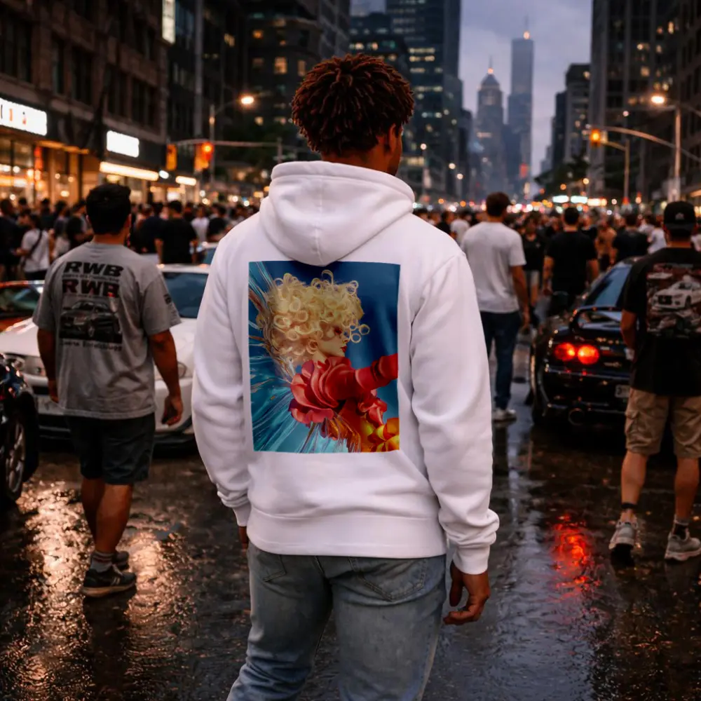 Curly Blonde Woman Red Dress Blue Sky – Hoodies